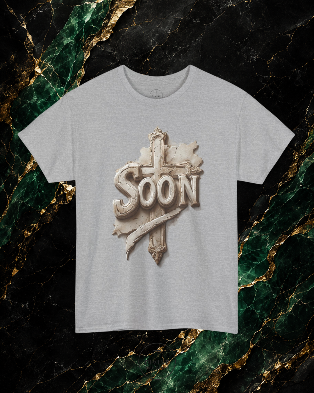 Gray t-shirt with 'SOON' graphic design on a marble background