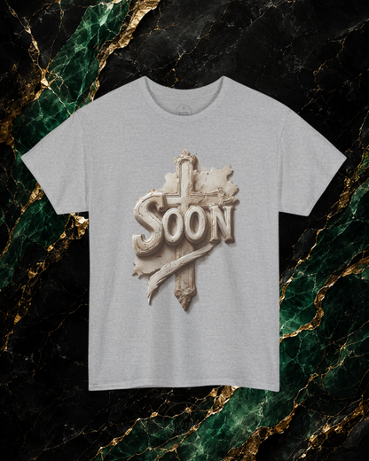 Gray t-shirt with 'SOON' graphic design on a marble background