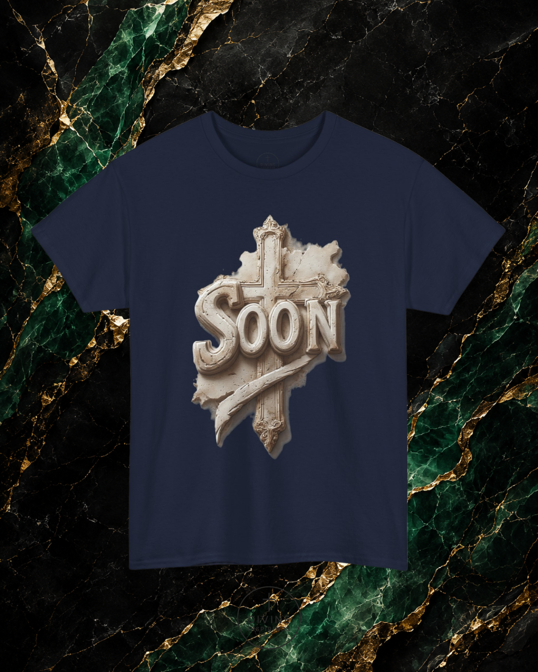 Navy blue t-shirt with 'SOON' graphic design on a marble background