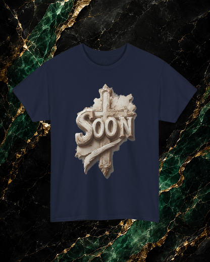 Navy blue t-shirt with 'SOON' graphic design on a marble background