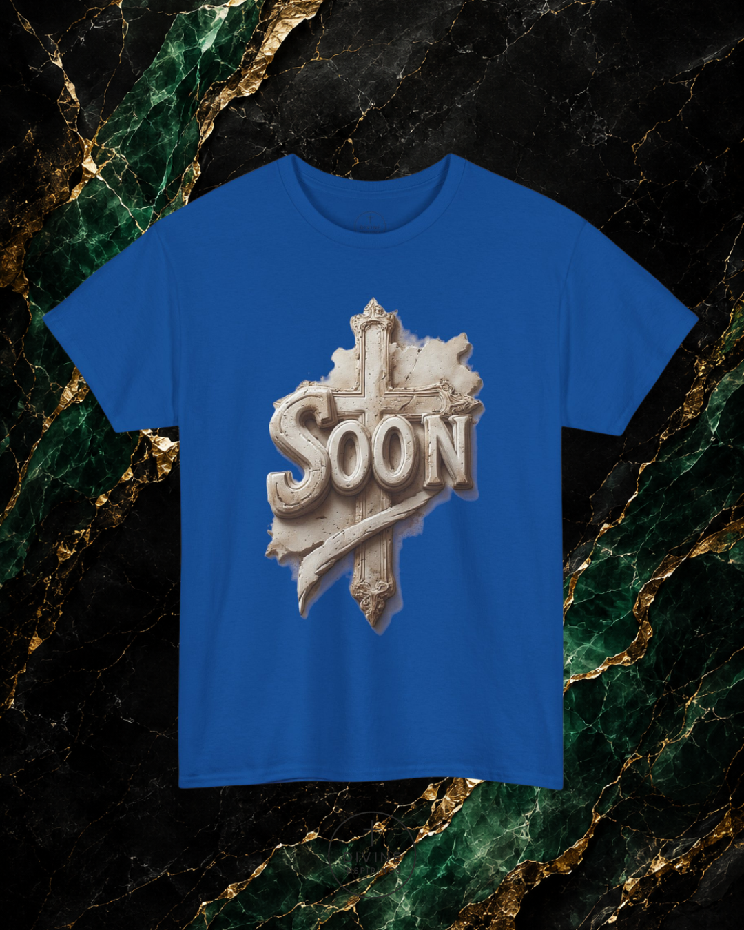Blue t-shirt with 'SOON' graphic design on a marble background