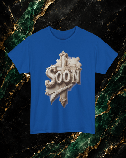 Blue t-shirt with 'SOON' graphic design on a marble background