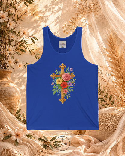 Blue tank top with floral cross design on a decorative background