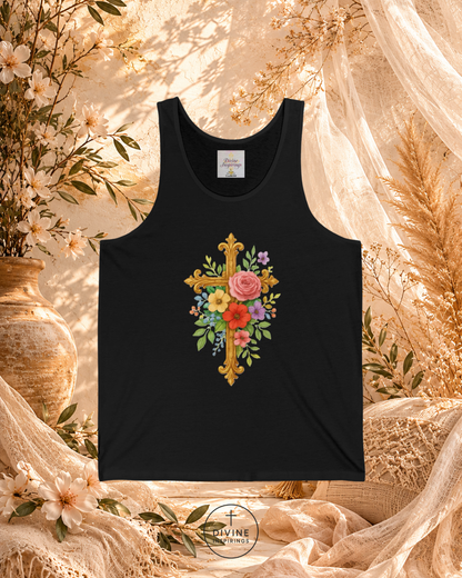 Black tank top with floral cross design on a decorative background