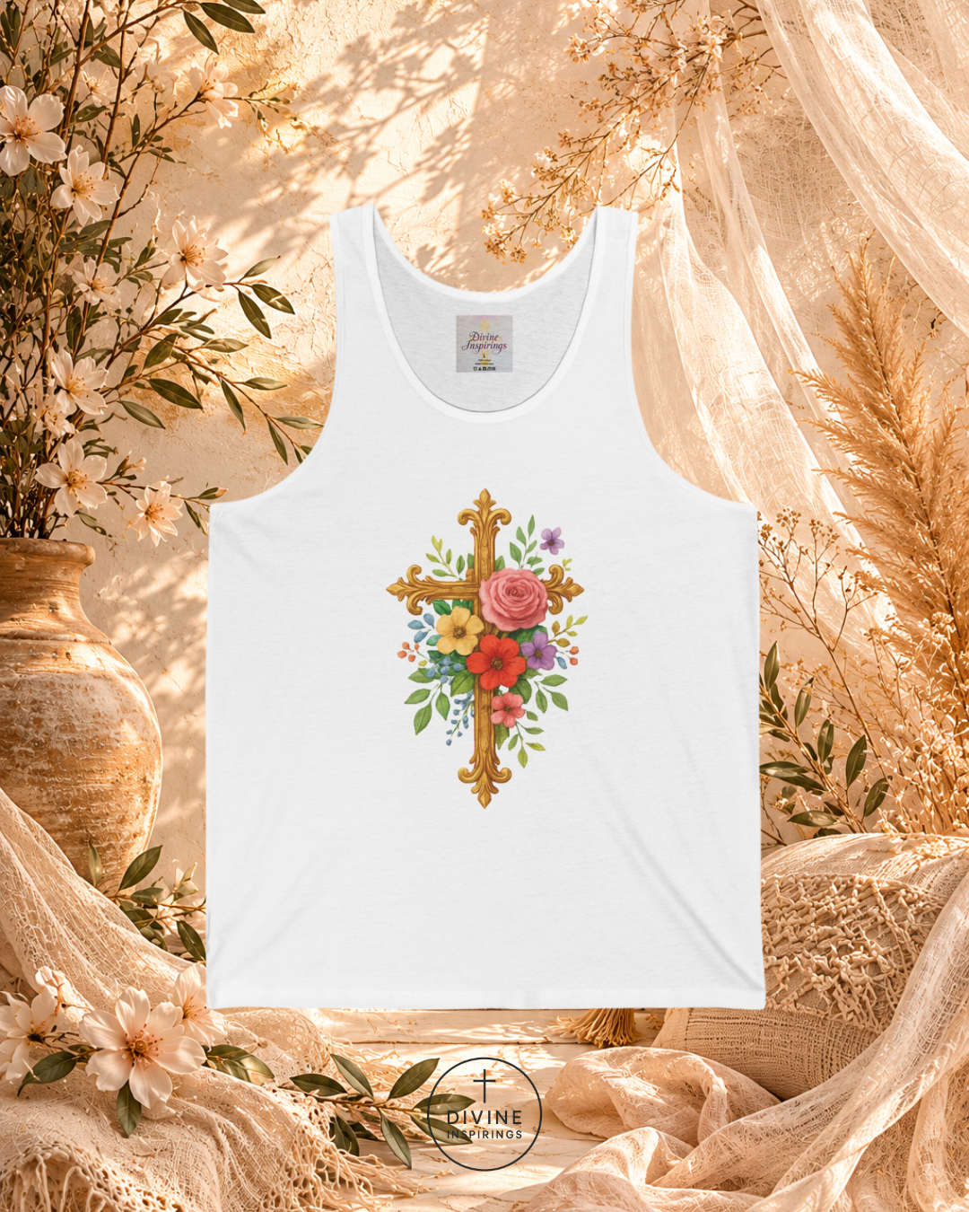 White tank top with floral cross design on a decorative background with flowers and fabric.