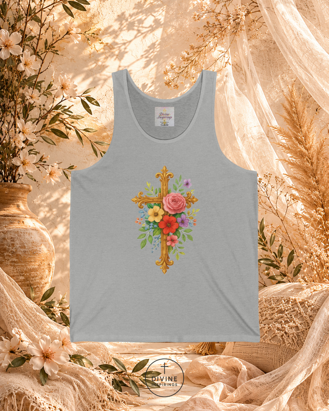 Gray tank top with floral cross design on a decorative background with flowers and fabric.
