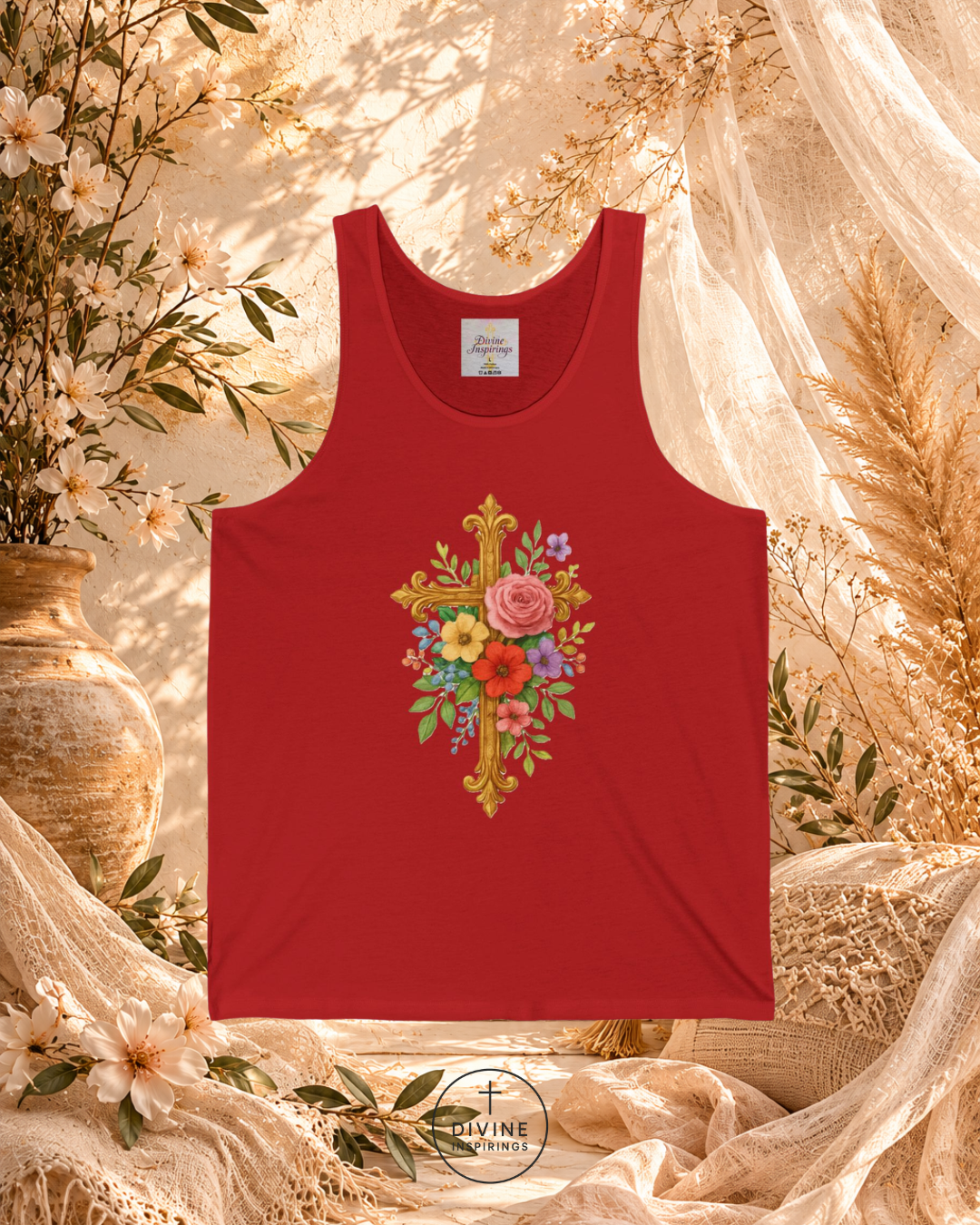 Red tank top with floral cross design on a decorative background
