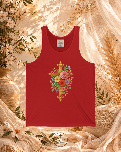 Red tank top with floral cross design on a decorative background