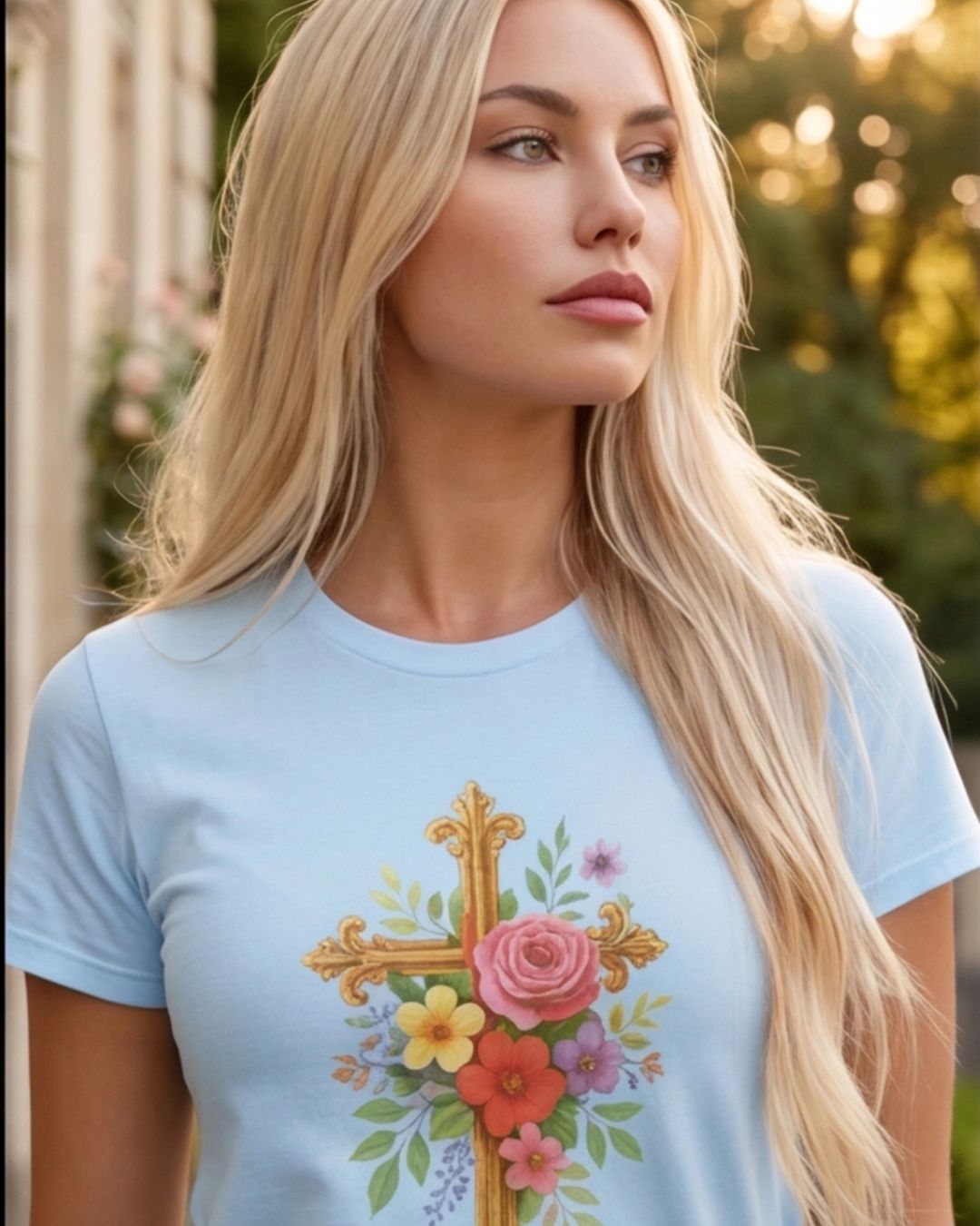 Woman wearing a light blue t-shirt with a floral cross design.