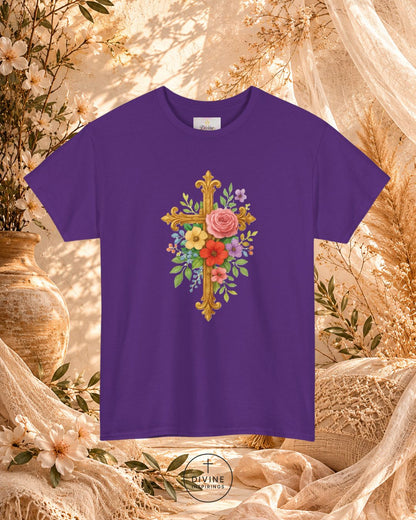 Purple t-shirt with floral cross design on a decorative background