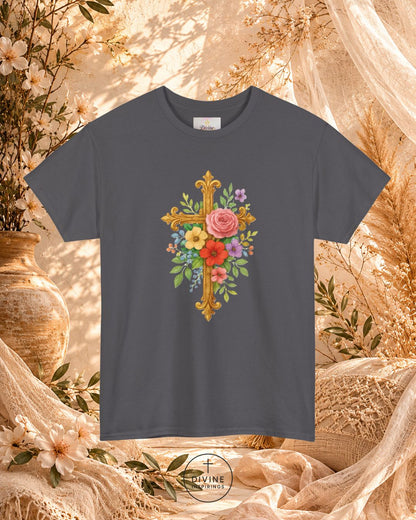 Gray t-shirt with floral cross design on a decorative background