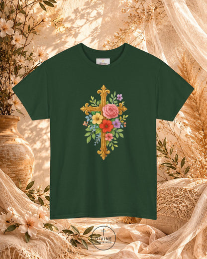Green t-shirt with floral cross design on a decorative background