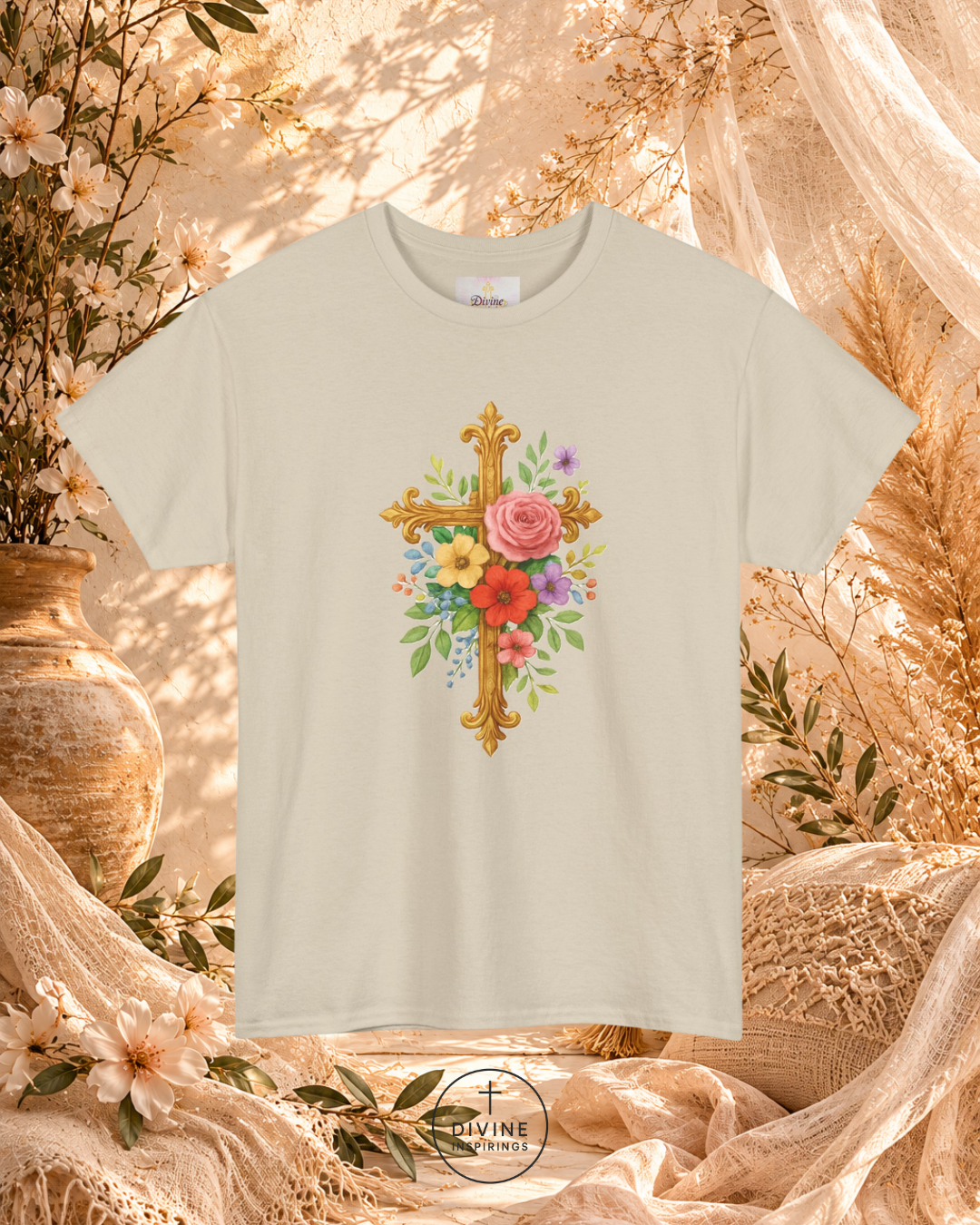 Beige t-shirt with floral cross design on a decorative background with flowers and fabric.