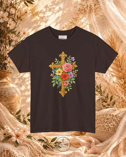 Black t-shirt with floral cross design on a decorative background