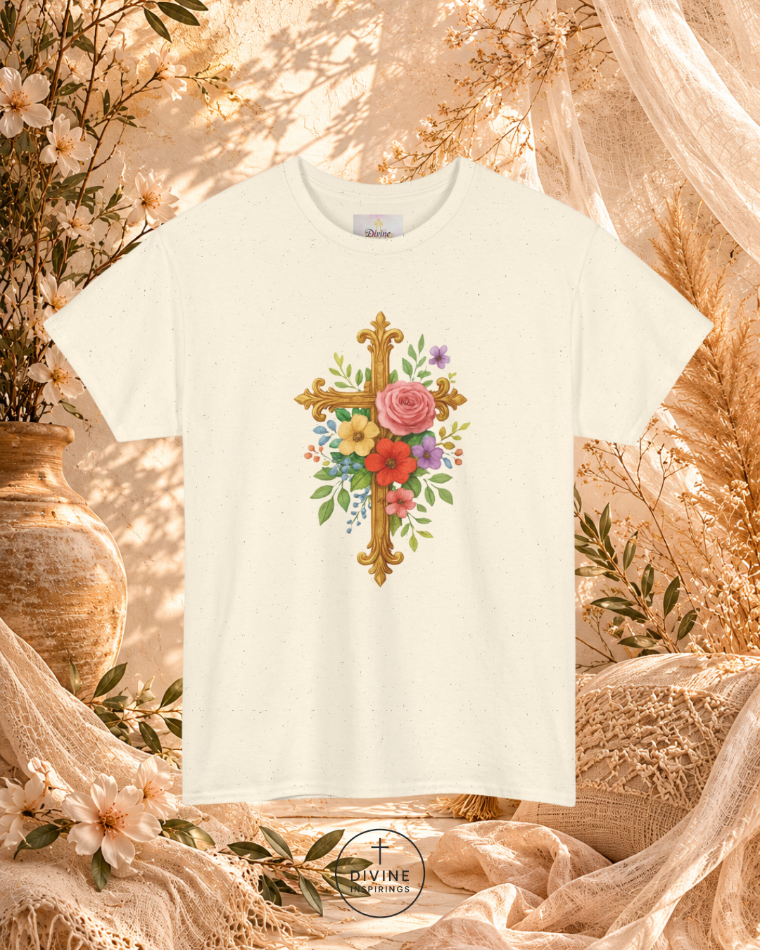White t-shirt with floral cross design on a decorative background with flowers and fabric.