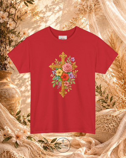 Red t-shirt with floral cross design on a decorative background
