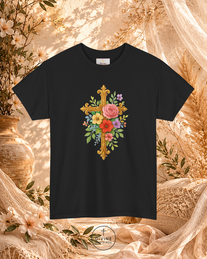 Black t-shirt with floral cross design on a decorative background