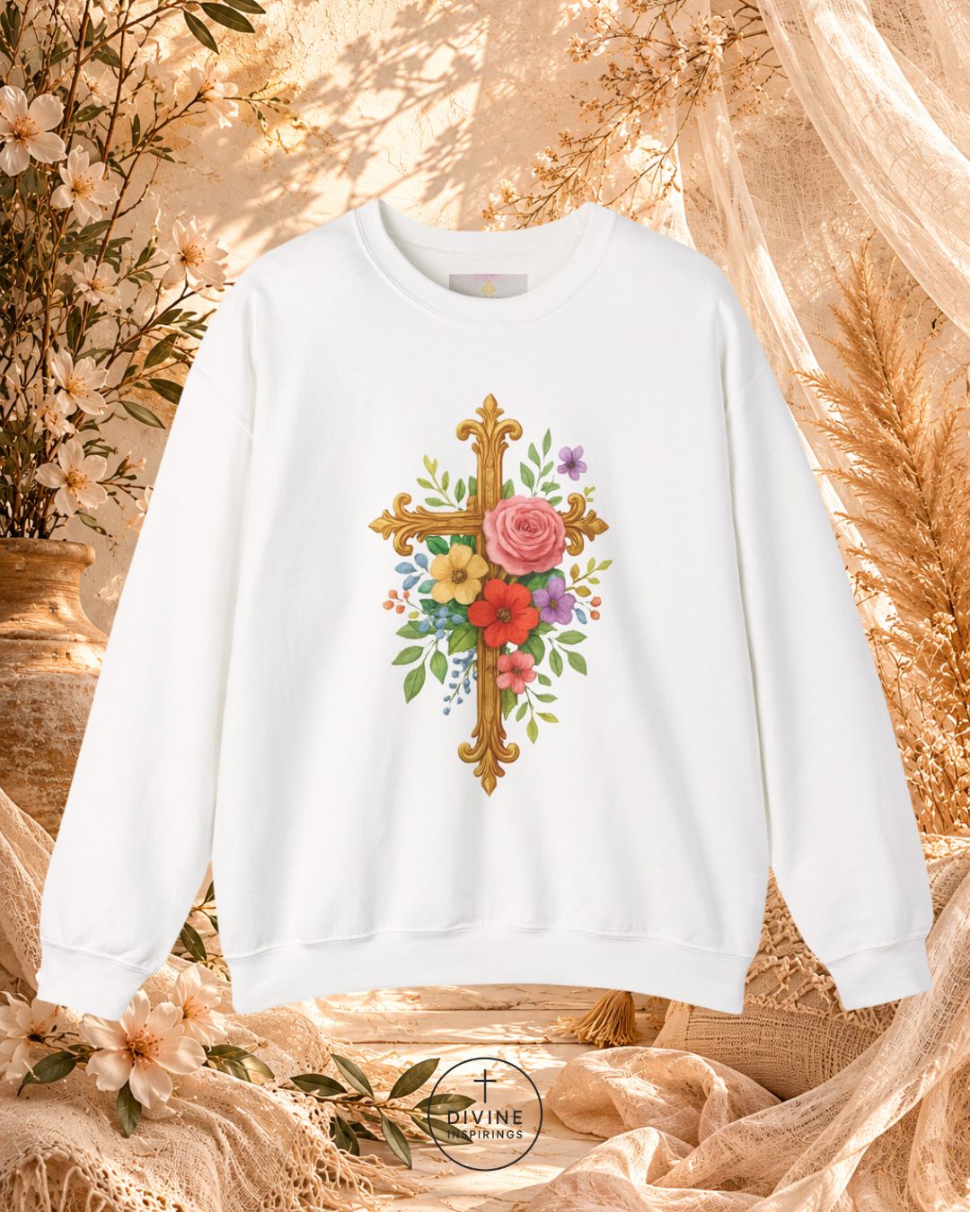 White sweatshirt with floral cross design on a decorative background