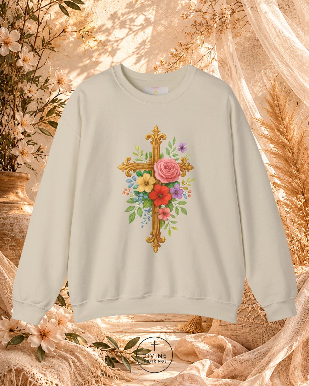 Beige sweatshirt with floral cross design on a decorative background