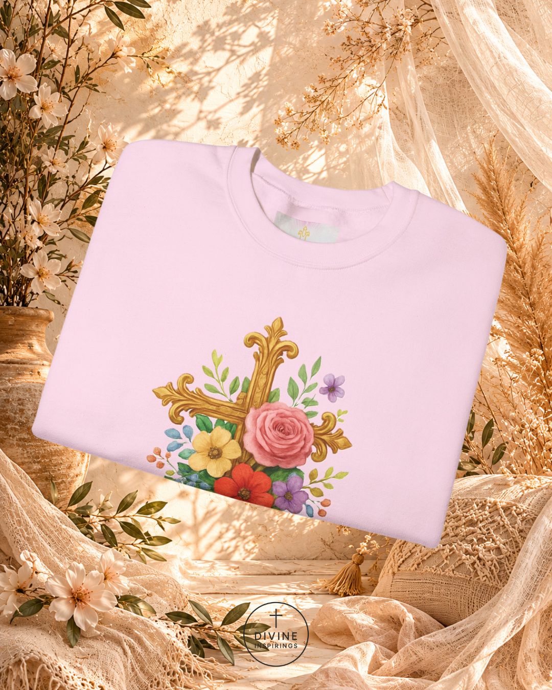 Light purple sweatshirt with floral and cross design on a decorative background with flowers and lace.