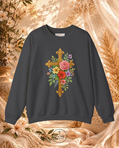 Dark gray sweatshirt with floral cross design on a decorative background
