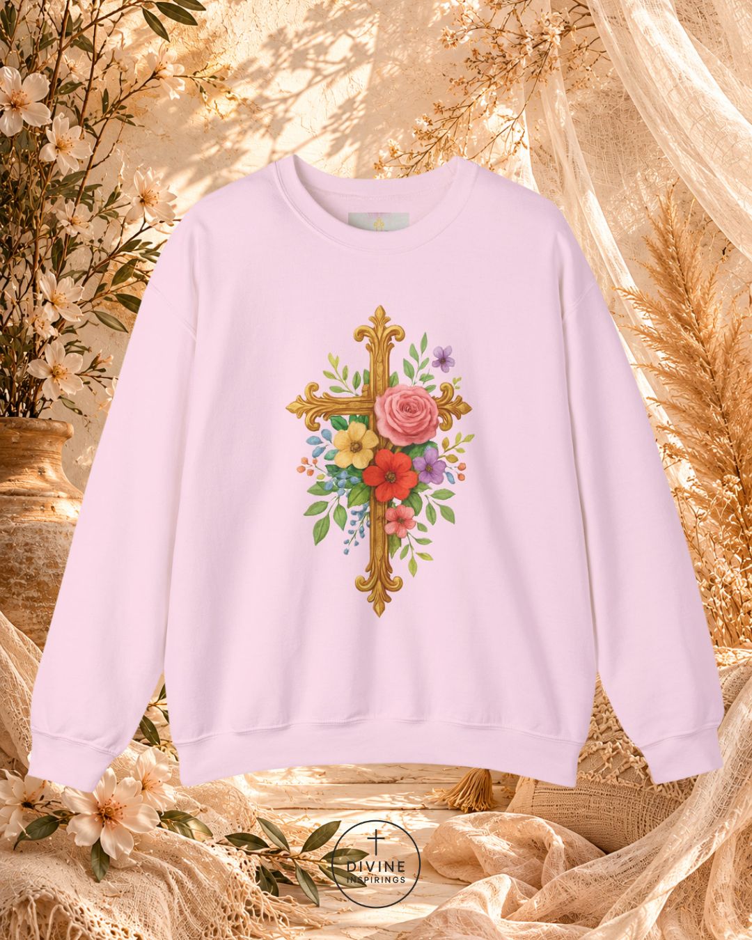 Light purple sweatshirt with floral cross design on a decorative background