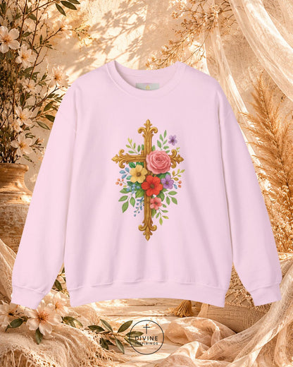 Light purple sweatshirt with floral cross design on a decorative background