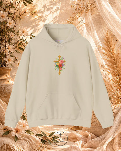 Light gray hoodie with floral design on a decorative background