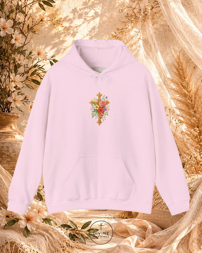 Light purple hoodie with floral design on a decorative background