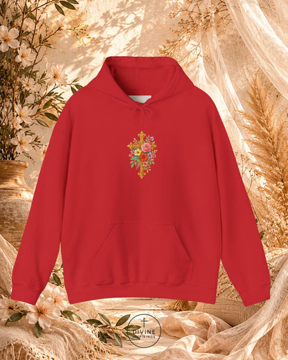 Red hoodie with floral design on a decorative background