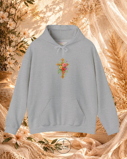 Gray hoodie with floral design on a decorative background