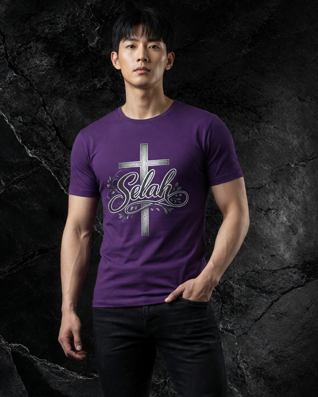 Person wearing a purple t-shirt with a cross and 'Selah' text on a dark background