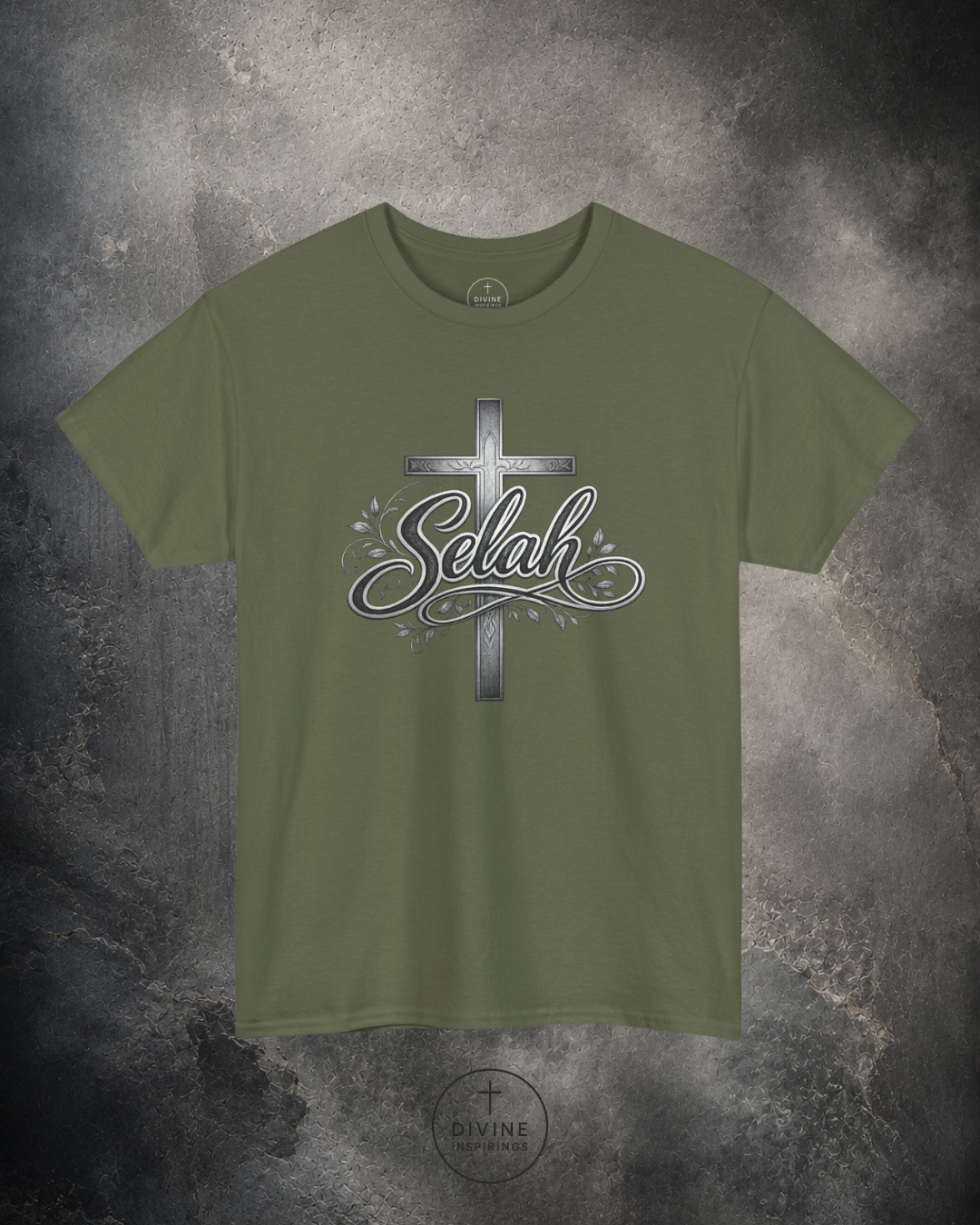 Green t-shirt with 'Selah' design on a textured gray background