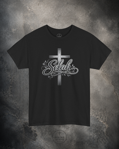 Black t-shirt with a cross and 'Selah' design on a textured gray background