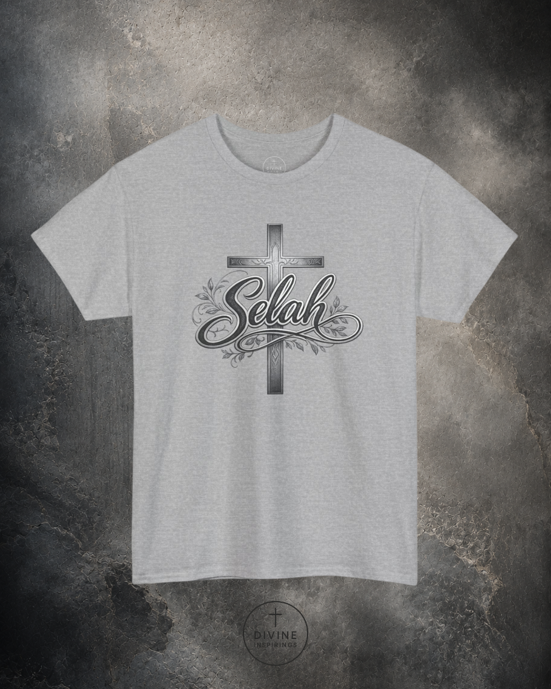 Gray t-shirt with a cross and 'Selah' design on a textured gray background