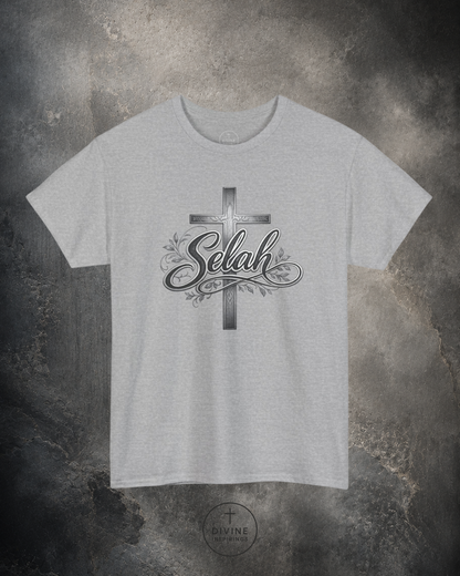 Gray t-shirt with a cross and 'Selah' design on a textured gray background