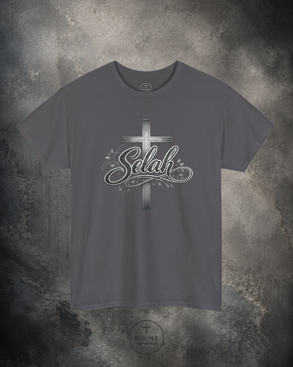 Gray t-shirt with a cross and 'Selah' design on a textured gray background