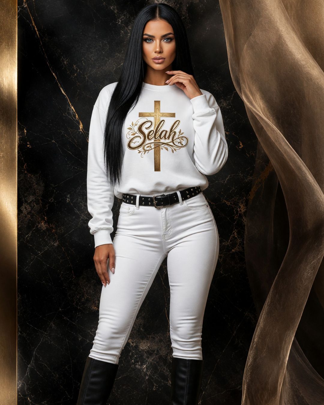 Woman wearing a white sweatshirt with 'Selah' design on a dark background