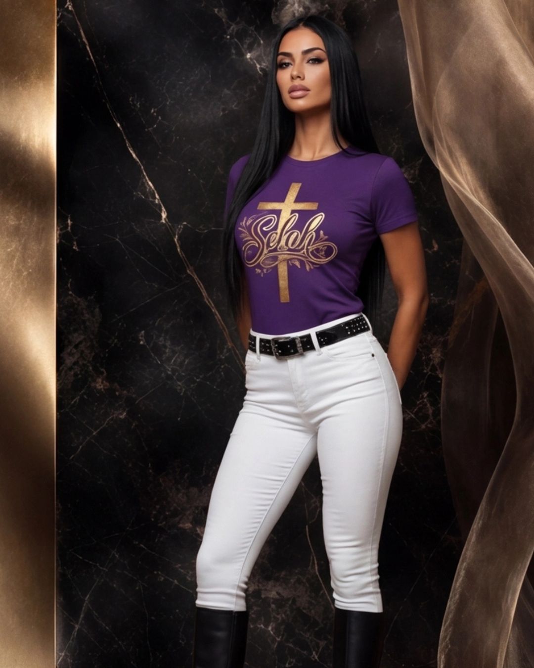 Woman wearing a purple t-shirt with a gold design and white pants against a dark background