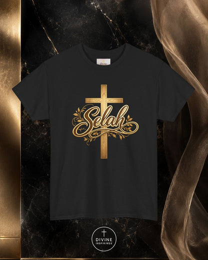 Black t-shirt with gold cross and 'Selah' design on a dark marble background