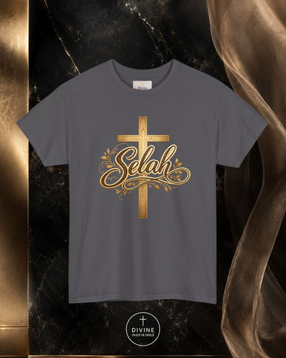 Gray t-shirt with gold cross and 'Selah' text on a dark marble background