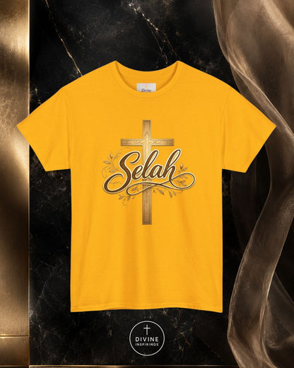 Yellow t-shirt with 'Selah' design on a dark marble background