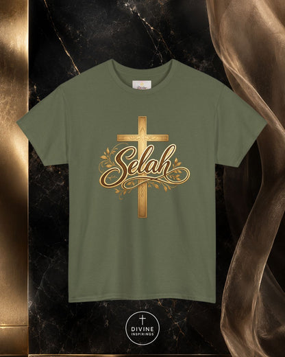 Green t-shirt with gold cross and 'Selah' text on a dark marble background