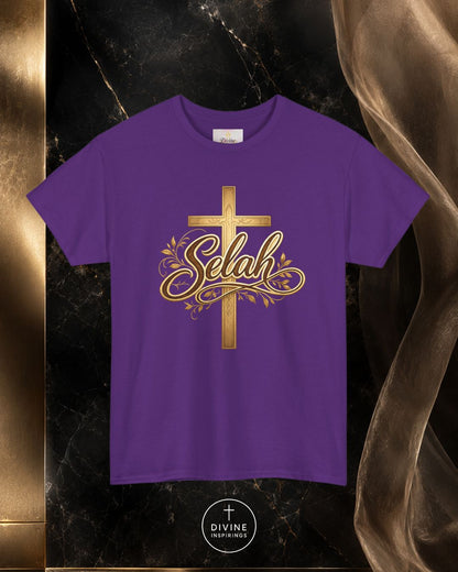 Purple t-shirt with gold cross and 'Selah' design on a dark marble background