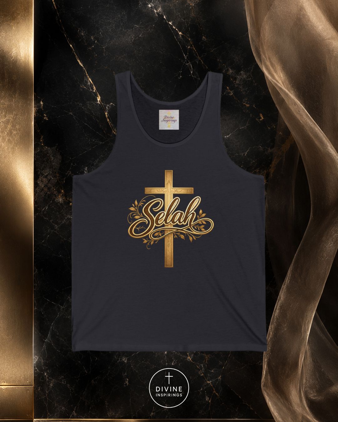 Black tank top with gold 'Selah' design on a dark marble background
