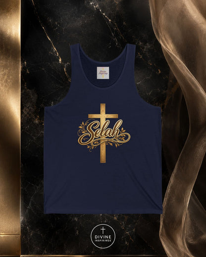 Navy tank top with gold cross and 'Selah' design on a dark marble background