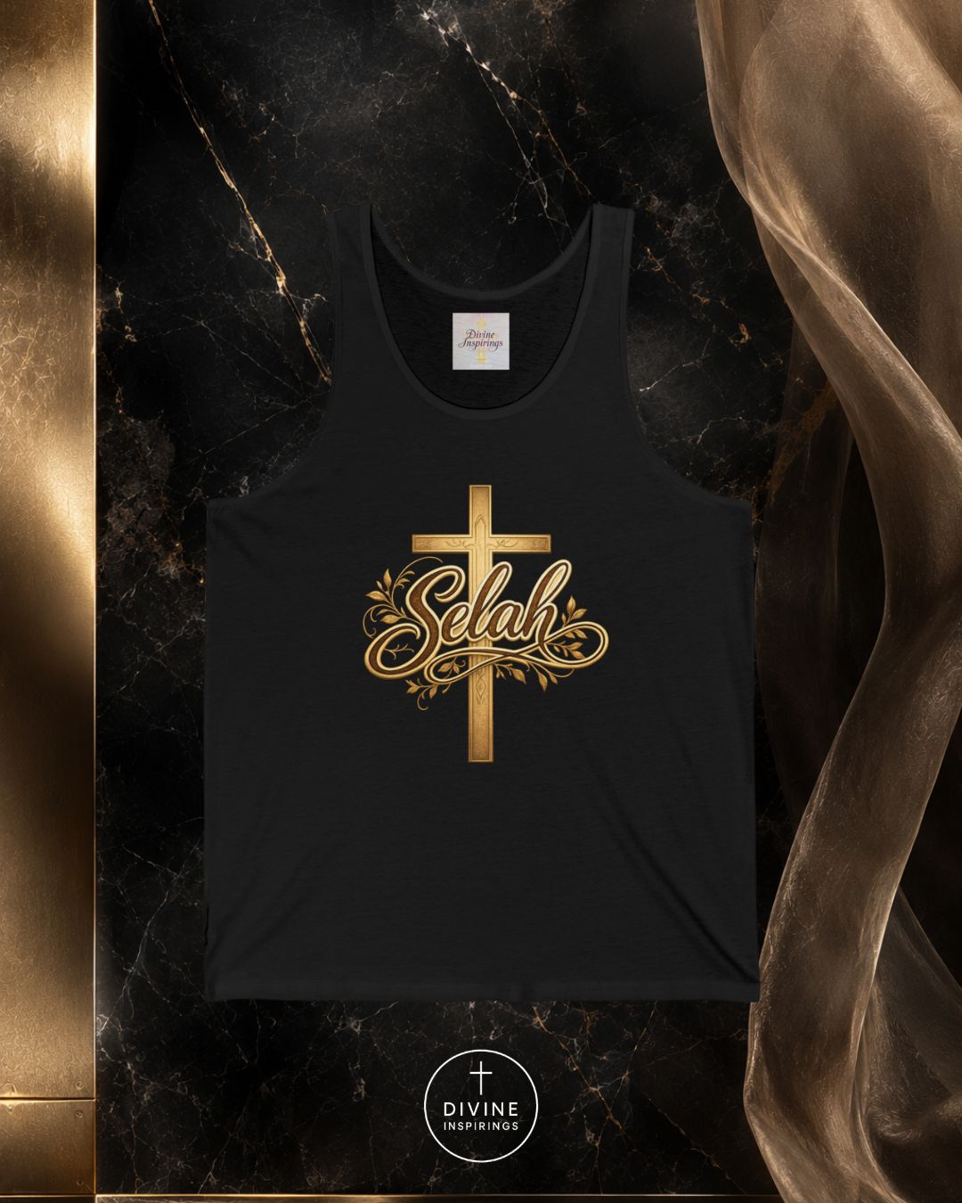 Black tank top with gold 'Selah' design on a dark marble background