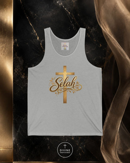 Gray tank top with gold cross and 'Selah' text on a dark marble background