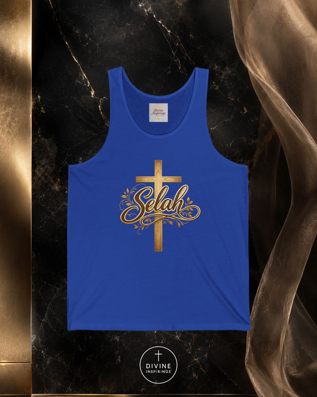 Blue tank top with gold cross and 'Selah' text on a dark marble background