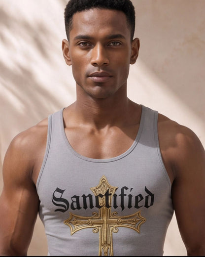 Man wearing a tank top with 'Sanctified' and a cross design on a beige background